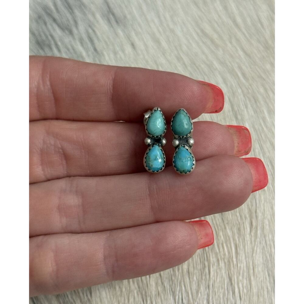 Sterling Silver Blue Mojave Turquoise Double Tear Drop Studs Post Earrings 925